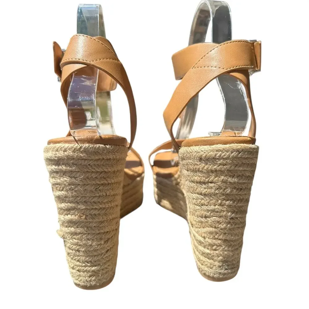 FOREVER 21 Tan Espadrilles Wedge Strap Strappy Heels Womens Size 7.5‎